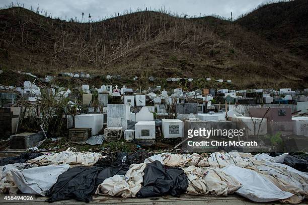 Bodies are seen on a road before being placed in a mass grave on the outskirts of Tacloban City on November 20, 2013 in Leyte, Philippines. Typhoon...