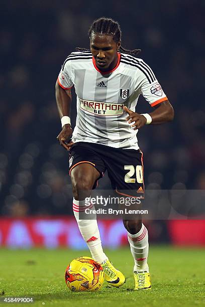 Hugo Rodallega of Fulham in action during the Sky Bet Championship match between Fulham and Blackpool at Craven Cottage on November 5, 2014 in...
