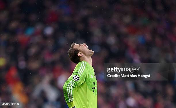 Manuel Neuer of Bayern Muenchen reacts during the UEFA Champions League Group E match between FC Bayern Munchen and AS Roma at Allianz Arena on...
