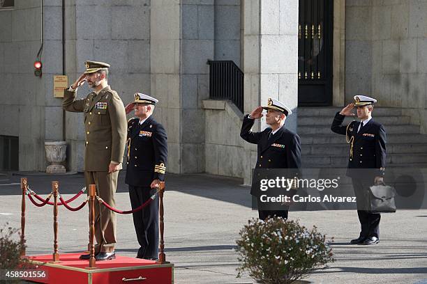 King Felipe VI of Spain visits the General Staff of Defence on November 6, 2014 in Madrid, Spain.