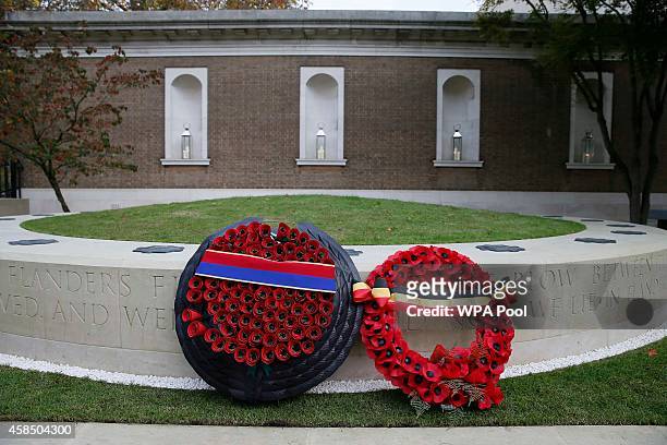 Wreaths are seen after they were left at the Flanders' Fields Memorial Garden at Wellington Barracks on November 6, 2014 in London, England.