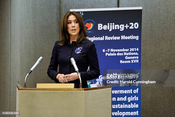 Crown Princess Mary of Denmark speaks during the regional review meeting of the status of women in the UNECE region 20 years after the Beijing...