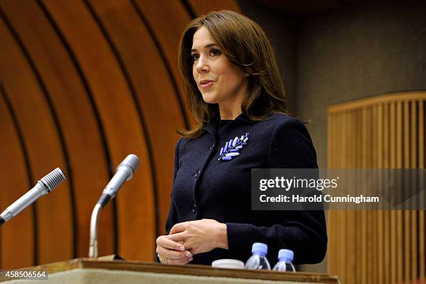 Crown Princess Mary of Denmark speaks during the regional review meeting of the status of women in the UNECE region 20 years after the Beijing...