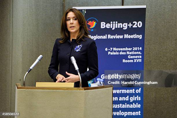 Crown Princess Mary of Denmark speaks during the regional review meeting of the status of women in the UNECE region 20 years after the Beijing...