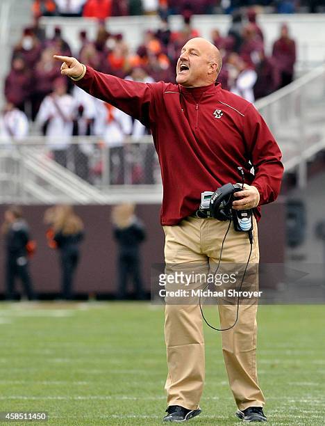 Head coach Steve Addazio of the Boston College Eagles gives instructions from the sideline in the first half against the Virginia Tech Hokies at Lane...