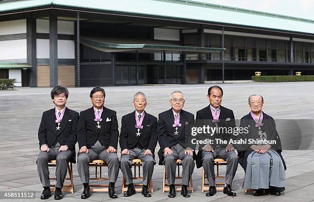 Culture of Order recipients Hiroshi Amano, Toyoki Kunitake, Gyoji Nomiyama, Takashi Negishi, Shuji Nakamura and Takemoto Sumitayu pose for...