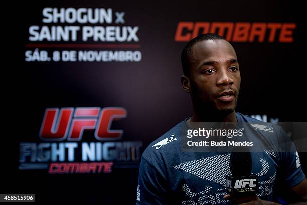 Leon Edwards speaks to the media during the UFC Fight Night Ultimate Media Day at the Center Convention Uberlandia on November 6, 2014 in Uberlandia,...