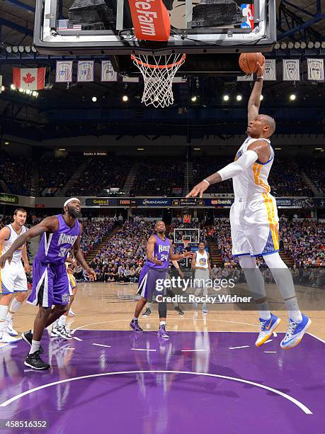 Marreese Speights of the Golden State Warriors dunks against the Sacramento Kings on October 29, 2014 at Sleep Train Arena in Sacramento, California....