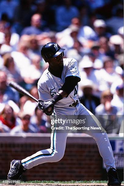 Preston Wilson of the Florida Marlins bats against the Chicago Cubs on May 26, 1999 at Wrigley Field in Chicago, Illinois.