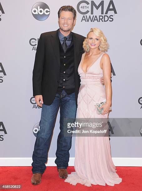 Singers Blake Shelton and wife Miranda Lambert attends the 48th annual CMA Awards at the Bridgestone Arena on November 5, 2014 in Nashville,...