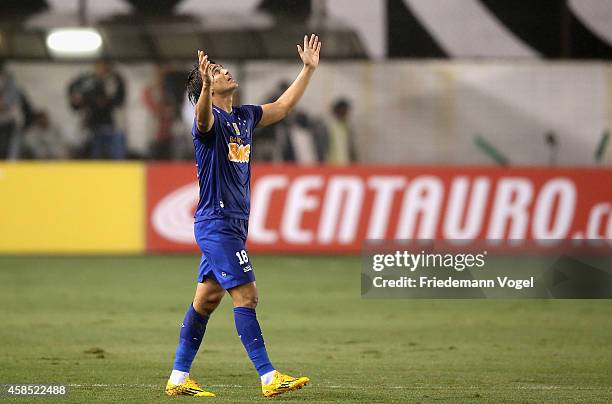 Marcelo Moreno of Cruzeiro celebrates scoring the first goal during the match between Santos and Cruzeiro for Copa do Brasil 2014 at Vila Belmiro...