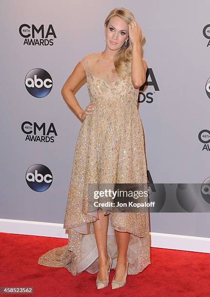 Singer Carrie Underwood attends the 48th annual CMA Awards at the Bridgestone Arena on November 5, 2014 in Nashville, Tennessee.