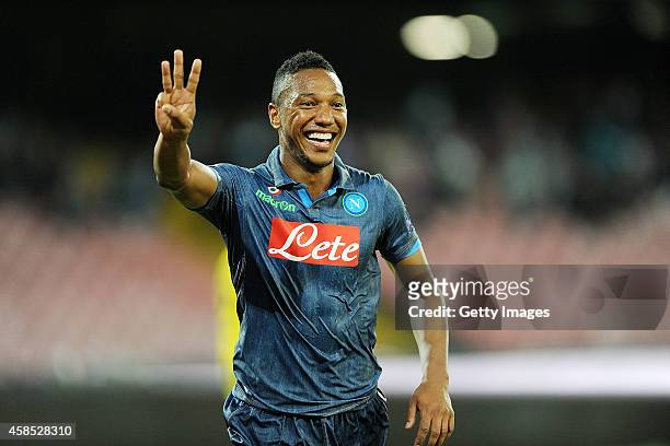 Jonathan De Guzman of Napoli celebrates after scoring goal 3-0 during the UEFA Europa League football match between SSC Napoli and BSC Young Boys at...