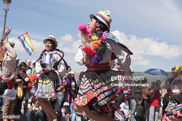 young women dancing during cusco parade - inti raymi festival stock pictures, royalty-free photos & images