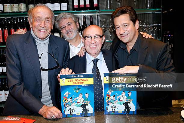 Actor of 'Tontons Flingueurs' Venantino Venantini, Drawer Achde, Co-writer Jacques Pessis and co-writer Laurent Gerra attend Impersonator Laurent...