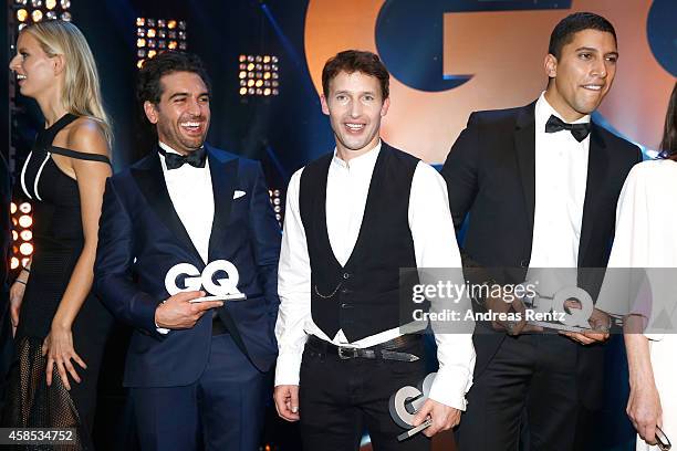 Karolina Kurkova , Elyas M'Barek, James Blunt and Andreas Bourani are seen on stage at the GQ Men Of The Year Award 2014 at Komische Oper on November...