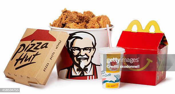 american fast food on white - kentucky fried chicken bucket stock pictures, royalty-free photos & images