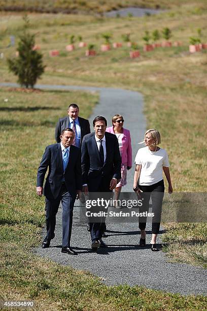 Netherlands Prime Minister Mark Rutte, Australian Prime Minister Tony Abbott and Chief Minister of the ACT Katy Gallagher arrive at the National...