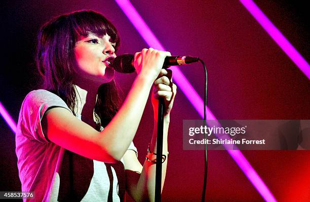 Lauren Mayberry of Chvrches performs a sold out show at Manchester Academy on November 6, 2014 in Manchester, England.