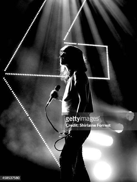 Lauren Mayberry of Chvrches performs a sold out show at Manchester Academy on November 6, 2014 in Manchester, England.