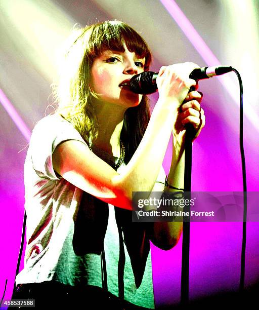 Lauren Mayberry of Chvrches performs a sold out show at Manchester Academy on November 6, 2014 in Manchester, England.