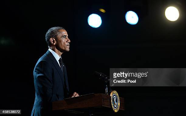 President Barack Obama speaks at "A Salute to the Troops: In Performance at the White House" on the South Lawn November 6, 2014 in Washington, DC....