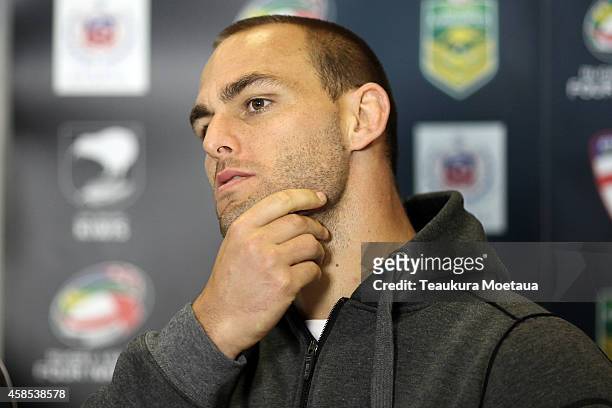 Captain Simon Mannering looks on during a New Zealand Kiwis Media Conference at Forsyth Barr Stadium on November 7, 2014 in Dunedin, New Zealand.