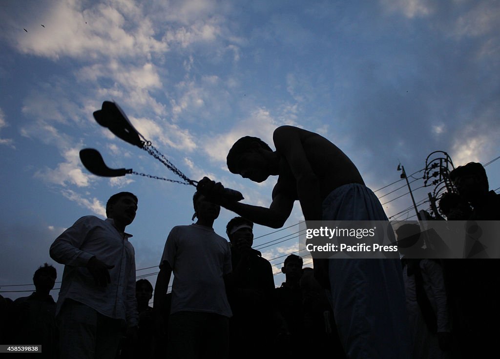 Pakistani Shiite Muslims observing self  flagellation with...
