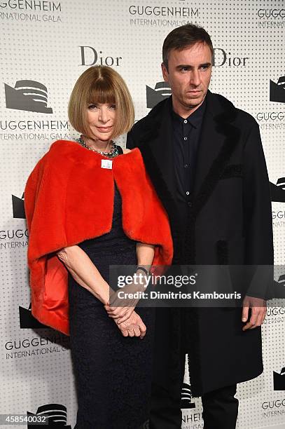 Editor-inChief Anna Wintour and Dior fashion designer Zaf Simons attend the Guggenheim International Gala Dinner made possible by Dior on November 6,...