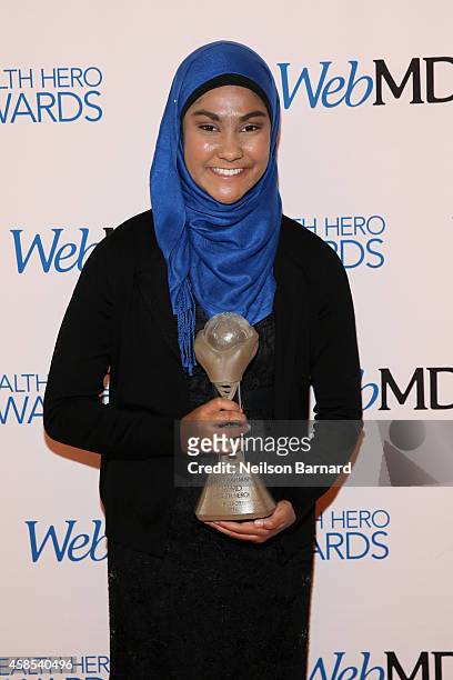 Honoree Zarin Idnat Rahman poses with an award backstage at the 2014 Health Hero Awards hosted by WebMD at Times Center on November 6, 2014 in New...