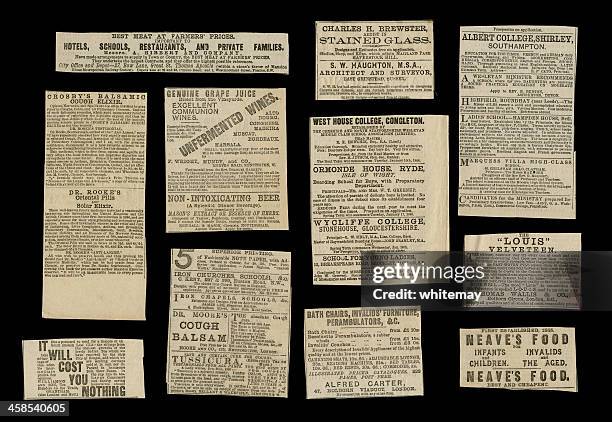 victorian advertisements from 1887 - torn newspaper stock pictures, royalty-free photos & images