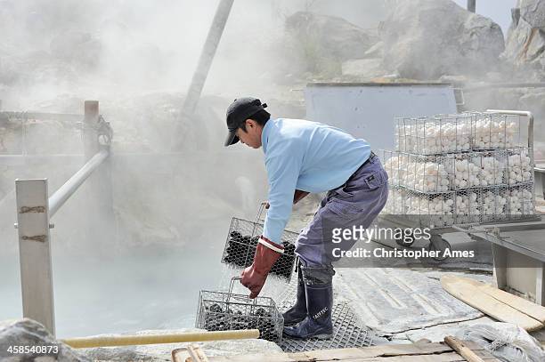 black egg worker at owakudani - nationaal park fuji hakone izu stockfoto's en -beelden