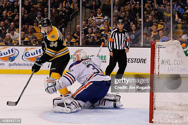 Carl Soderberg of the Boston Bruins scores his second goal against the Edmonton Oilers in the third period at TD Garden on November 6, 2014 in...