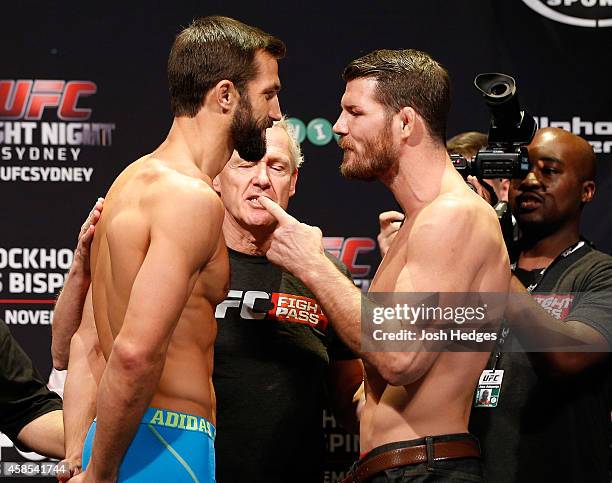 Opponents Luke Rockhold of the United States and Michael Bisping of England face off during the UFC Fight Night weigh-in at the Allphones Arena on...
