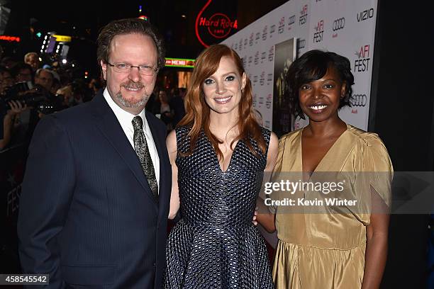President and CEO Bob Gazzale, actress Jessica Chastain and AFI FEST Director Jacqueline Lyanga attend AFI FEST 2014 presented by Audi opening night...