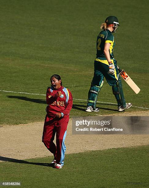 Anisa Mohammed of the West Indies celebrates taking the wicket of Jess Cameron of Australia during game three of the International Women's Twenty20...