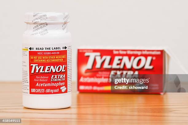 nähte flasche zusätzliche kraft tylenol caplets mit box - acetaminophen stock-fotos und bilder