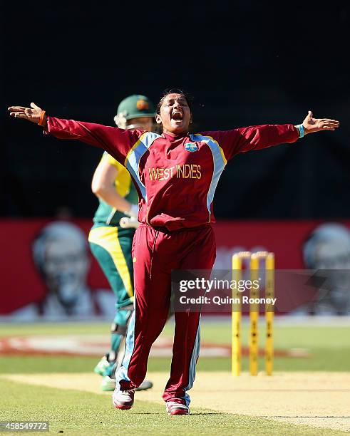 Anisa Mohammed of the West Indies celebrates the wicket of Jess Cameron of Australia during game three of the International Women's Twenty20 match...