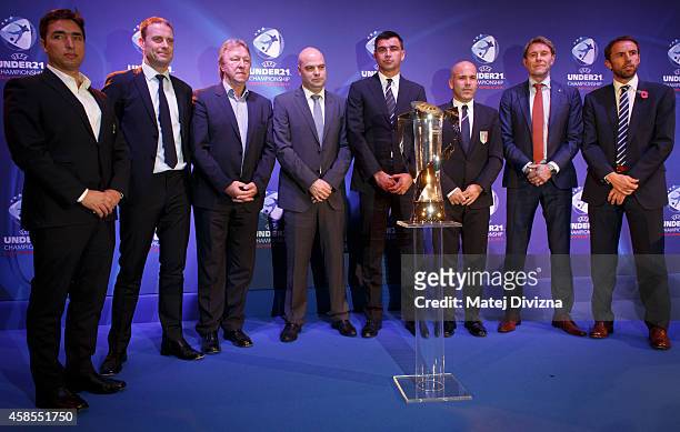 Team coaches Rui Jorge of Portugal, Jess Thorup of Denmark, Horst Hrubesch of Germany, Jakub Dovalil of Czech Republic, Radovan Circic of Serbia,...