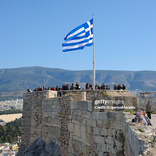 the acropolis flag - acropolis athens stock pictures, royalty-free photos & images