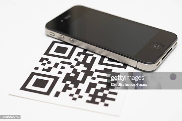 iphone 4 and qr code - promo code stock pictures, royalty-free photos & images