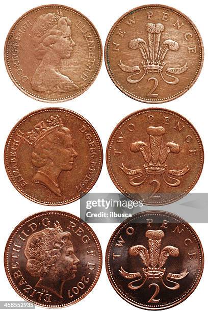 british currency with queen elizabeth the second portrait - tvåpencemynt bildbanksfoton och bilder