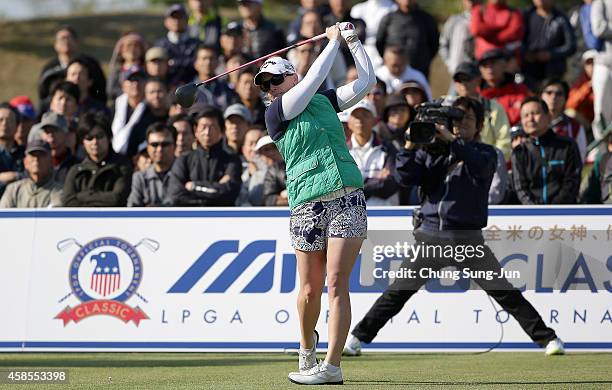 Morgan Pressel of United States plays a shot during the round one of the Mizuno Classic at Kintetsu Kashikojima Country Club on November 7, 2014 in...