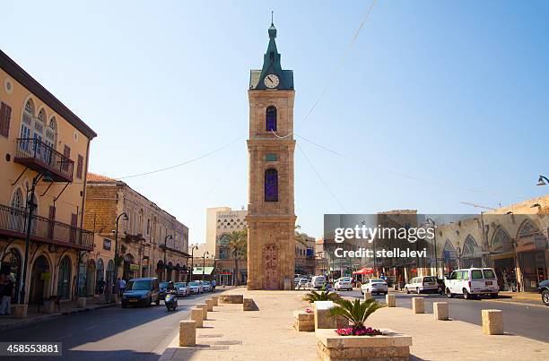 jaffa street and clock tower, israel - jaffa stockfoto's en -beelden