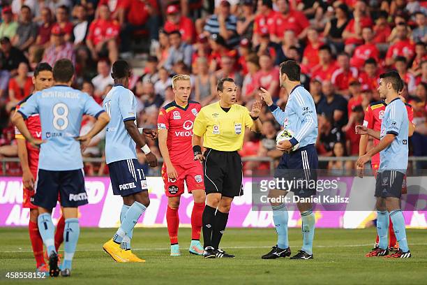 Sasa Ogenovski of Sydney reacts after receiving a yellow card during the round five A-League match between Adelaide United and Sydney FC at Coopers...