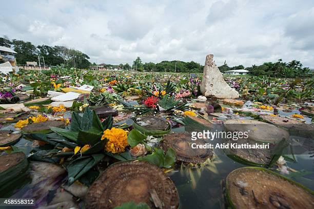 Hundred tons of krathongs float on the Ping river during Loy Krathong Festival in Chiang Mai. Every year, about 600 tons of Krathong are released...