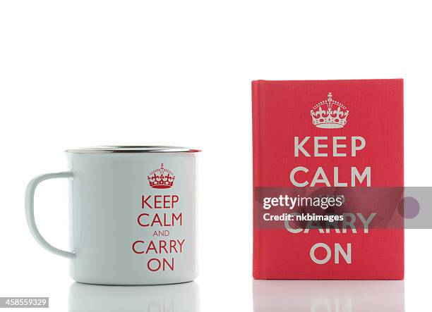 two british souvenirs with famous saying - keep calm and carry on stock pictures, royalty-free photos & images