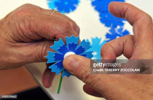 Handicapped person assembles a Bleuet de France which is the symbol of memory and solidarity, for veterans, victims of war, widows, and orphans, on...