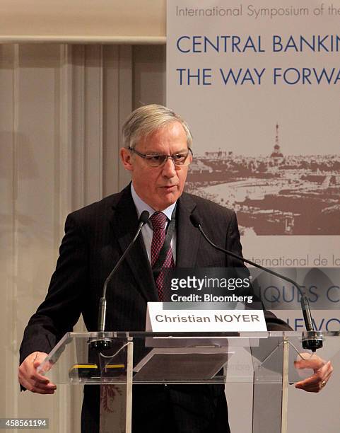 Christian Noyer, governor of the Bank of France, speaks at the International Symposium of the Bank of France policy conference in Paris, France, on...