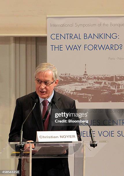 Christian Noyer, governor of the Bank of France, speaks at the International Symposium of the Bank of France policy conference in Paris, France, on...